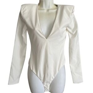 Zara White Rhinestone Deep‎ V Long Sleeve Bodysuit XS Snap Bottom